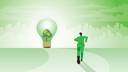 A back view of businessman runs aim to target goal. tree light bulb in a city. Environmental policy idea, Net zero emission, Carbon footprint reduction, Sustainable, Eco friendly and green concept.