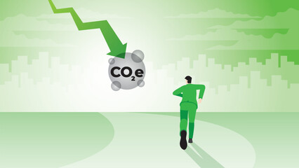 A back view of a businessman runs aim to target goal. CO2e graph down. Environmental policy, Net zero, Carbon dioxide emission, Carbon footprint reduction, Sustainable, Eco friendly and green concept.