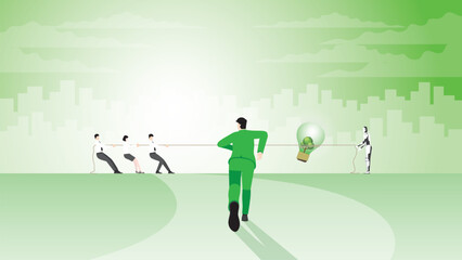 Obraz na płótnie Canvas Back view of businessman runs to target goal. help a team pull a rope in a tug of war with AI. ESG idea competition, Environmental policy, Net zero emission, Carbon footprint reduction, Sustainable.
