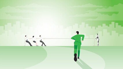 Back view of a businessman runs aim to target goal. to help a team pull a rope in tug of war. Business competition with cyborg, human vs AI, technology, contest of career, competing at work concept.
