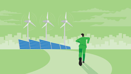 Back view of businessman runs aim to target goal. Wind turbine generator power windmill with solar cells. ESG, Renewable, Alternative, Sustainable Environmental policy, and Carbon footprint reduction. © kora_sun
