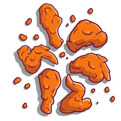 a set menu of crispy fried chicken, drumstick, wings and breasts, delicious product, tasty fried chicken food crispy vector illustration