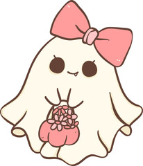 Cute Pink Halloween ghost girl with flower cartoon doodle 