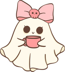 Cute pink Halloween ghost girl with coffee cartoon doodle 
