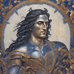 Portrait of a man in a mosaic style, a knight in armor in the Italian style, an image in the style of Sandro Botticelli