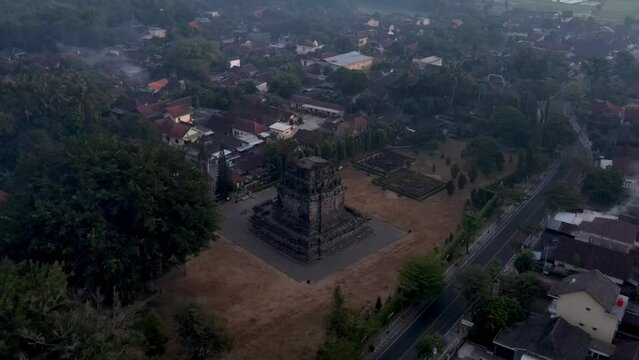 Mendut Temple and township in Central Java, Indonesia, aerial drone view