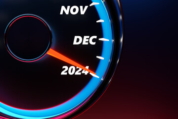 3D illustration Close up Instrument automobile panel with speedometer, tachometer, which says Merry Christmas 2023, 2024. The concept of the new year and Christmas in the automotive field.