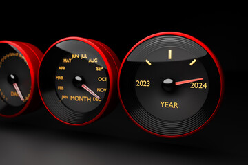3D illustration close up black speedometer with cutoffs 2023,2024. The concept of the new year and Christmas in the automotive field. Counting months, time until the new year. - obrazy, fototapety, plakaty