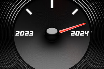 Naklejka premium 3D illustration of a detailed speedometer close-up showing the end of 2023 and the beginning of 2024. Counting months, time until the new year.
