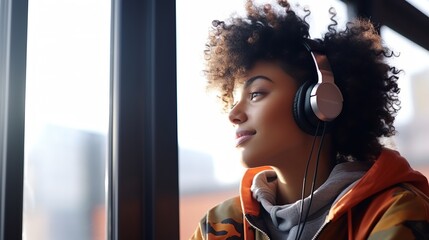 African Black ethnic teenage girl generation z student with short hair sitting indoors, wearing headphones - obrazy, fototapety, plakaty
