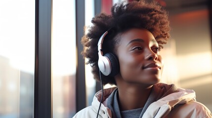 African Black ethnic teenage girl generation z student with short hair sitting indoors, wearing headphones