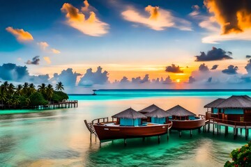 Fototapeta na wymiar sunset on the beach, beach sunset, Amazing sunset panorama at Maldives. Luxury resort villas seascape with soft led lights under colorful sky. Beautiful twilight sky and colorful clouds. Beautiful sea