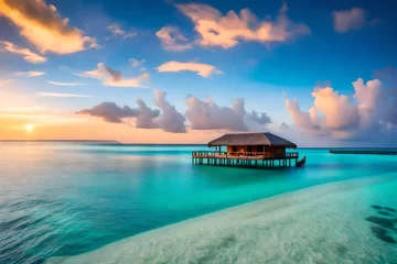 Photo sur Plexiglas Destinations sunset on the beach, beach sunset, Amazing sunset panorama at Maldives. Luxury resort villas seascape with soft led lights under colorful sky. Beautiful twilight sky and colorful clouds. Beautiful sea