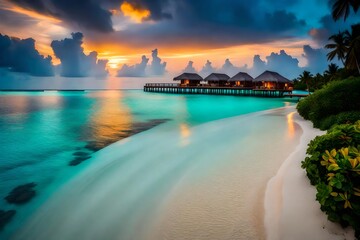 Obraz premium sunset on the beach, beach sunset, Amazing sunset panorama at Maldives. Luxury resort villas seascape with soft led lights under colorful sky. Beautiful twilight sky and colorful clouds. Beautiful sea