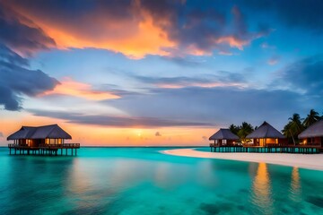 Naklejka premium sunset on the beach, beach sunset, Amazing sunset panorama at Maldives. Luxury resort villas seascape with soft led lights under colorful sky. Beautiful twilight sky and colorful clouds. Beautiful sea