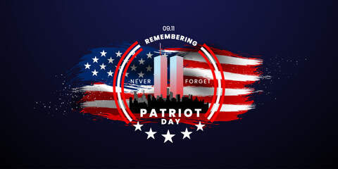 Patriot Day Background, September 11, United States flag, 911 memorial and Never Forget lettering, Vector conceptual illustration