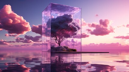 Fantasy world, futuristic fantasy with of the sky and pink clouds. Purple tree in transparent box for romance on surreal Beautiful Dream land background. Generated AI - obrazy, fototapety, plakaty