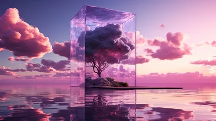 Fotobehang Fantasy world, futuristic fantasy with of the sky and pink clouds. Purple tree in transparent box for romance on surreal Beautiful Dream land background. Generated AI © TuongVi