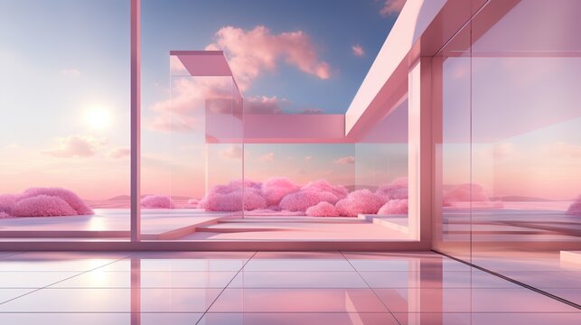 Fantasy world, futuristic fantasy and podium with of the sky and pink clouds. A place for relaxation and inspiration, romance on surreal Beautiful Dream land background. Metallic mirror. Generated AI