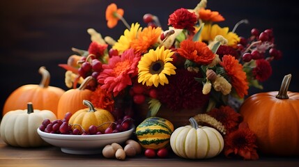 Naklejka na ściany i meble Bright background with beautiful thanksgiving decorating. Pumpkins with fruits, flowers, vegetables and leaves. AI generated