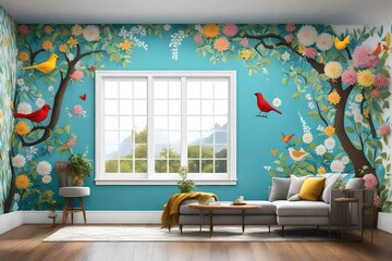 a whimsical 3D rendering of a home wall adorned with a nature-inspired mural.