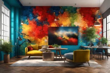  a dynamic 3D rendering of a home wall transformed into an abstract explosion of colors.
