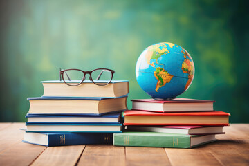 World Teachers Day, books with pencils and glasses on the table in the classroom