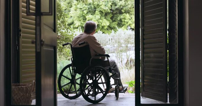 Elderly man, wheelchair and back with thinking, memory or vision of life, decision or choice by door. Depression, mental health and senior person with disability, retirement or remember idea on patio