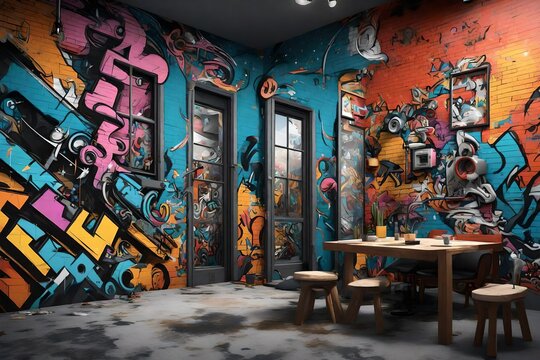  an edgy 3D rendering of a home wall transformed into a cinematic urban street art scene.