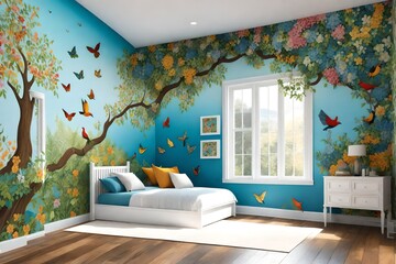  a whimsical 3D rendering of a home wall adorned with a nature-inspired mural. 