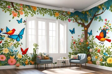  a whimsical 3D rendering of a home wall adorned with a nature-inspired mural. 