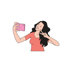 long-haired woman taking a selfie in front of a cellphone camera