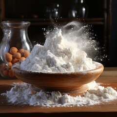 Process: Flour being sifted onto a wooden table, forming a white cloud. 