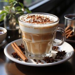 Beverage: A white frothy cappuccino in a clear mug, with a cinnamon stick on the side. 
