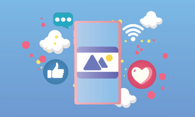 Social Media Concepts and Technology Mobile phone, wifi fly in the air, such as button, message, chat icon.on blue background.Vector Design Illustration.