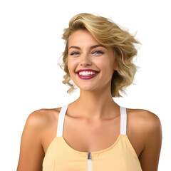 A blonde woman bright smile wearing an activewear, sport, travel and recreation