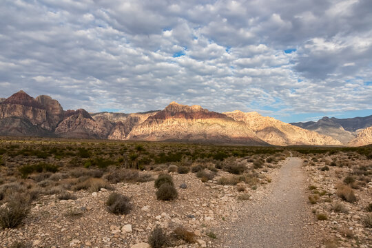Trailhead of the Grand Circle Loop of Red Rock Canyon National Conservation Area in Mojave Desert near Las Vegas, Nevada, United States. Remote hiking in La Madre Wilderness and Rainbow Mountain range