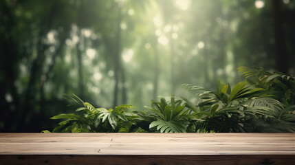 Misty jungle background with empty wooden table for product display, bokeh lights, green foliage, copy space ,Generative AI