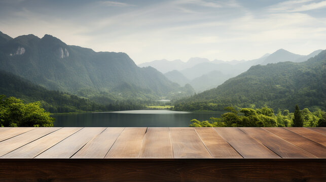Old wood desk or wood floor for product display with mountain view and lake background