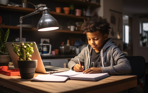 Black african american dark-skinned cheerful boy uses laptop to make video call with his teacher. Child is happy to learn remotely and receive knowledge. E-Education Distance Learning, Home Schooling.