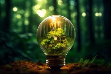Light Bulb with an inside ecosystem symbolising Green Energy and Environmental Day. Forest Background in blur effect. Eco-friendly light bulb amidst forest backdrop. - obrazy, fototapety, plakaty