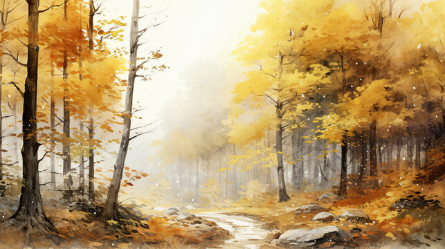 watercolor background autumn rain in forest. 