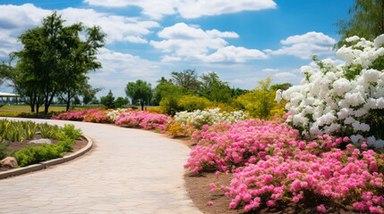Naklejka premium garden with flowers and sky background wallpaper