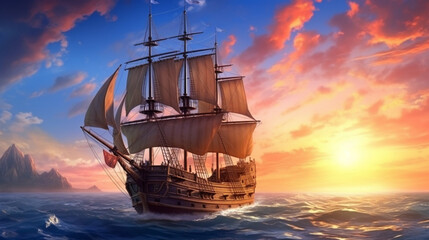 Illustration of Pirate Ship in the sea 