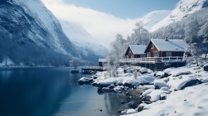 Wooden houses on the banks of the Norwegian fjord, beautiful mountain landscape in winter