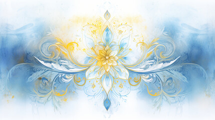 Watercolor floral pattern background. golden, blue, and white Magic, Psychedelic Glowing floral background