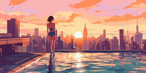Fototapeta na wymiar A girl takes a dip in a luxury rooftop pool at a hotel in New York on a summer morning. Skyscrapers in the background. Bright color vector