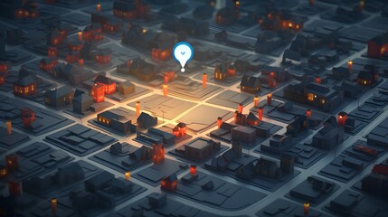 Geofencing technology. A stylized, miniature city model with a large geo pin prominently placed. The use of geofencing in urban areas for marketing, security, and logistics. Generative AI