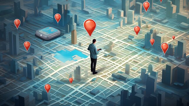 Geofencing technology. Miniature city model with person standing in the middle holding device in hands. The use of geofencing in urban areas for marketing, security, and logistics. Generative AI