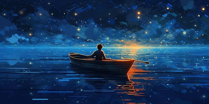 Boy rowing a boat with his wolf among the stars in the night sky, digital art style, illustration painting